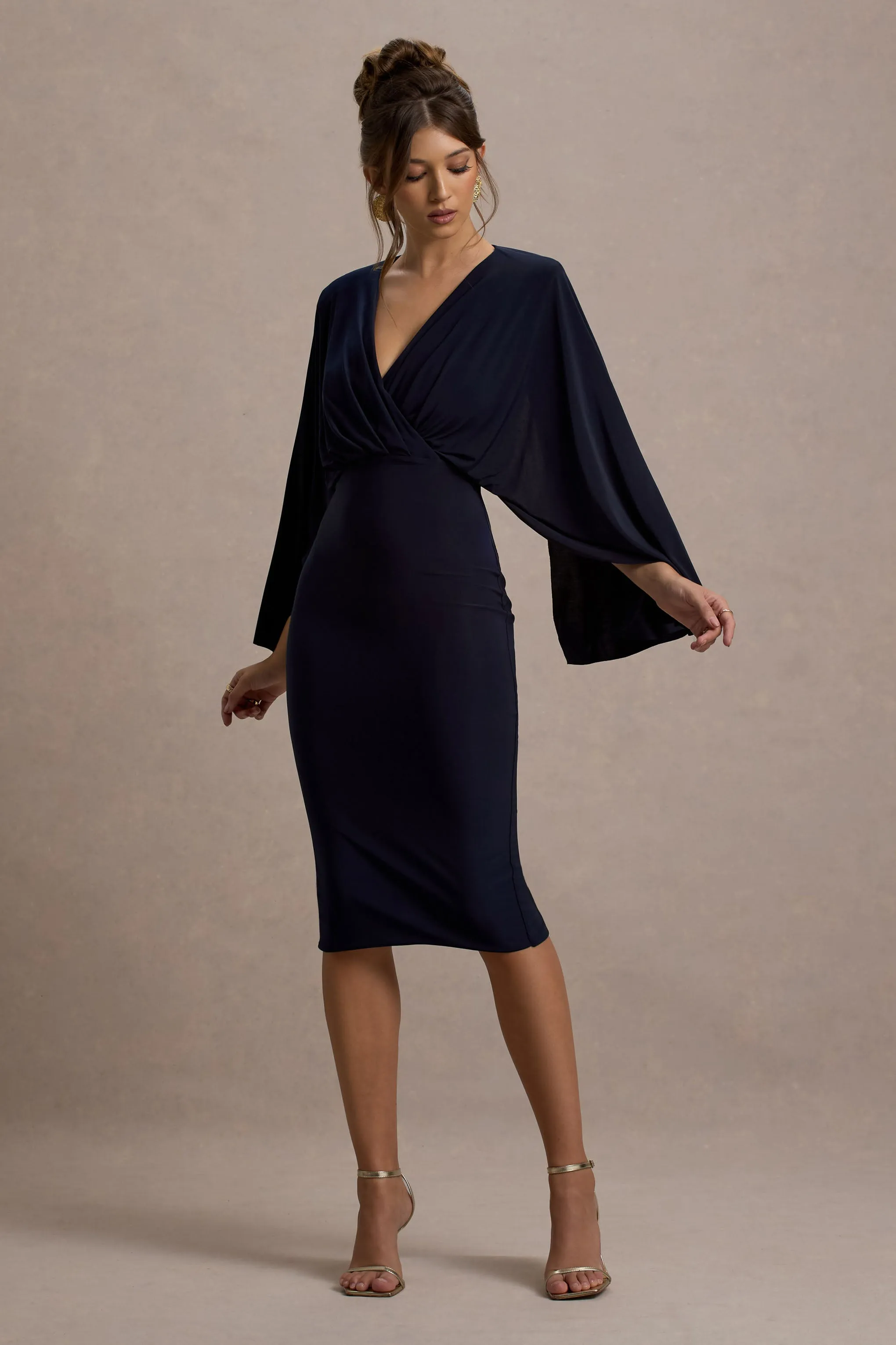 Mishka | Navy Plunge-Neck Cape Midi Dress