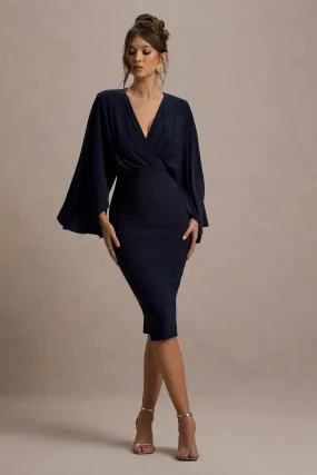 Mishka | Navy Plunge-Neck Cape Midi Dress