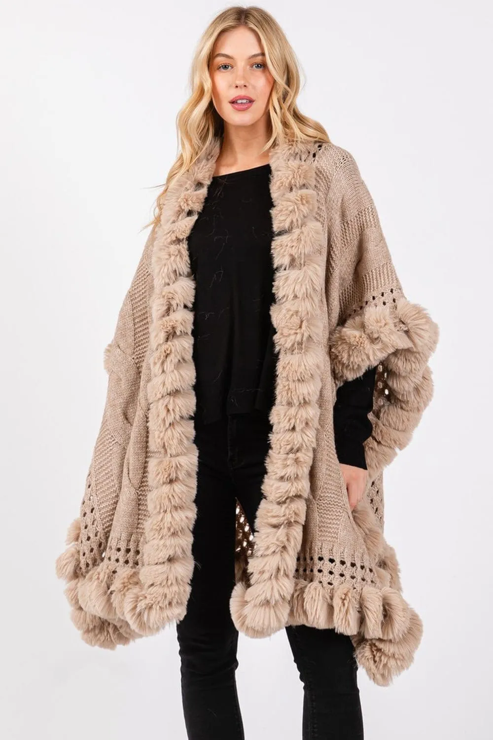 MS0408 Faux Fur Trim Cape With Closure