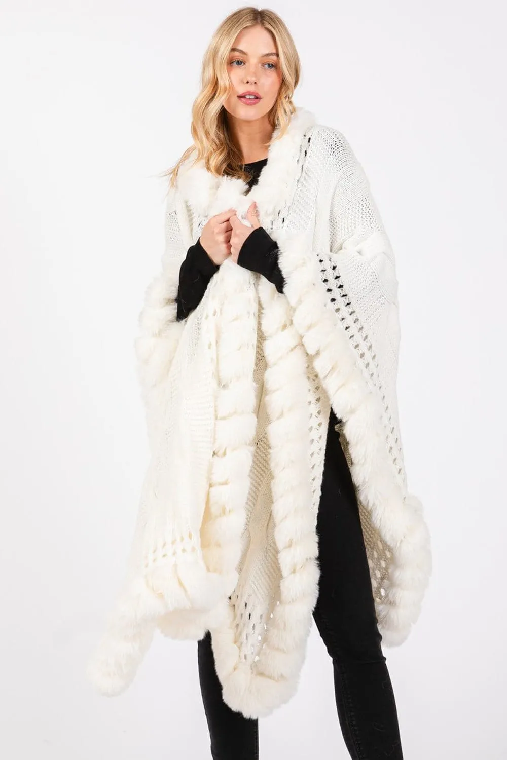 MS0408 Faux Fur Trim Cape With Closure