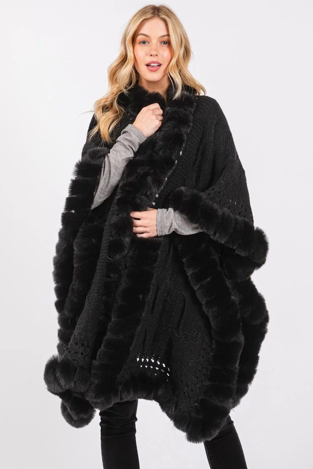 MS0408 Faux Fur Trim Cape With Closure