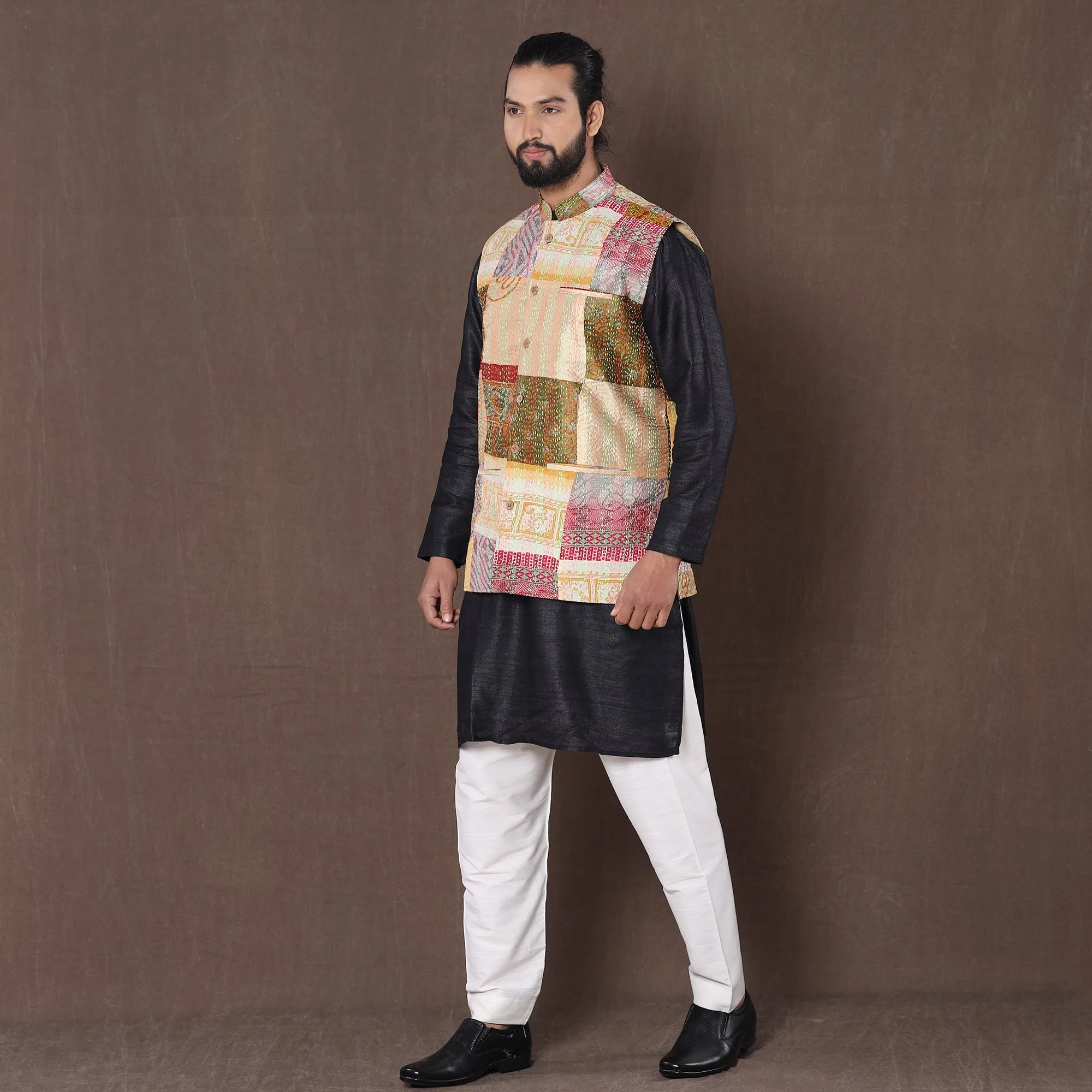 Multicolor - Kantha Embroidery Patchwork Silk Nehru Jacket 06