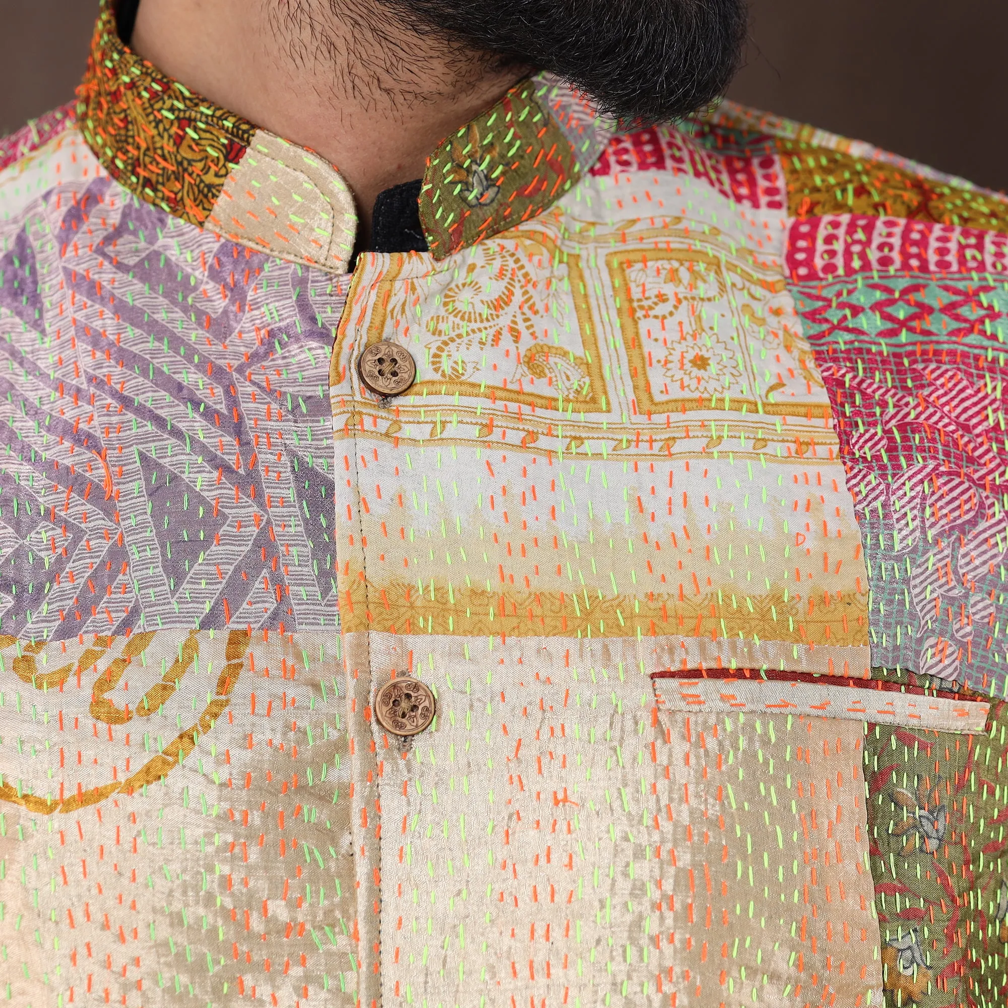 Multicolor - Kantha Embroidery Patchwork Silk Nehru Jacket 06