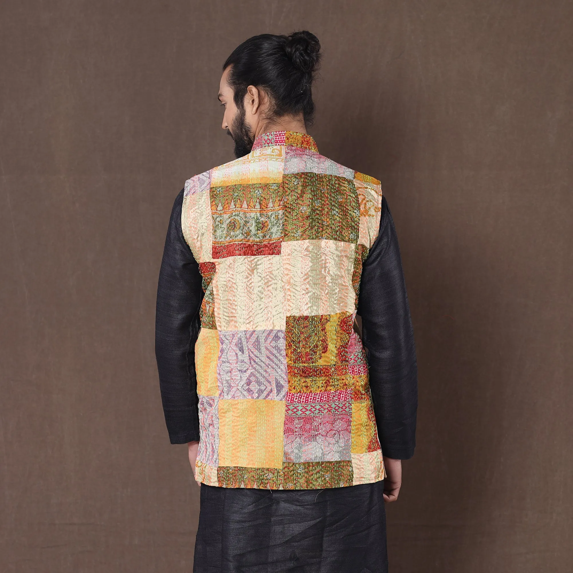 Multicolor - Kantha Embroidery Patchwork Silk Nehru Jacket 06