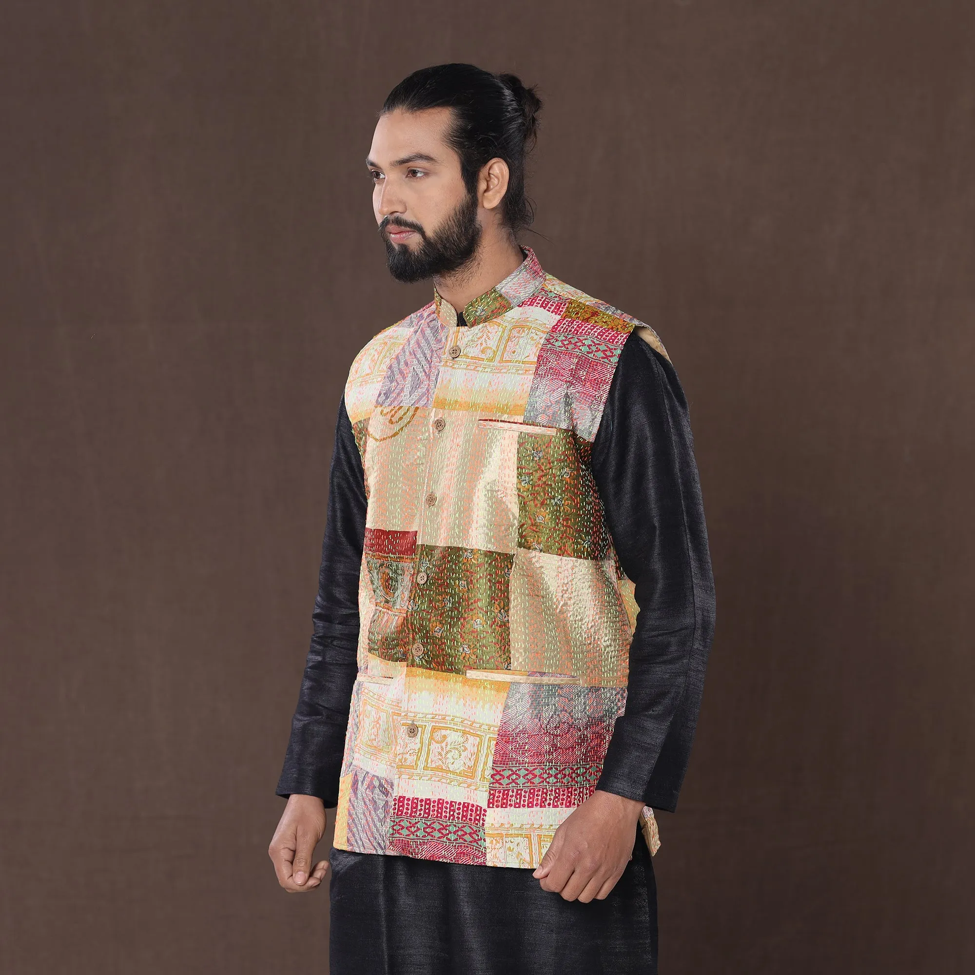 Multicolor - Kantha Embroidery Patchwork Silk Nehru Jacket 06