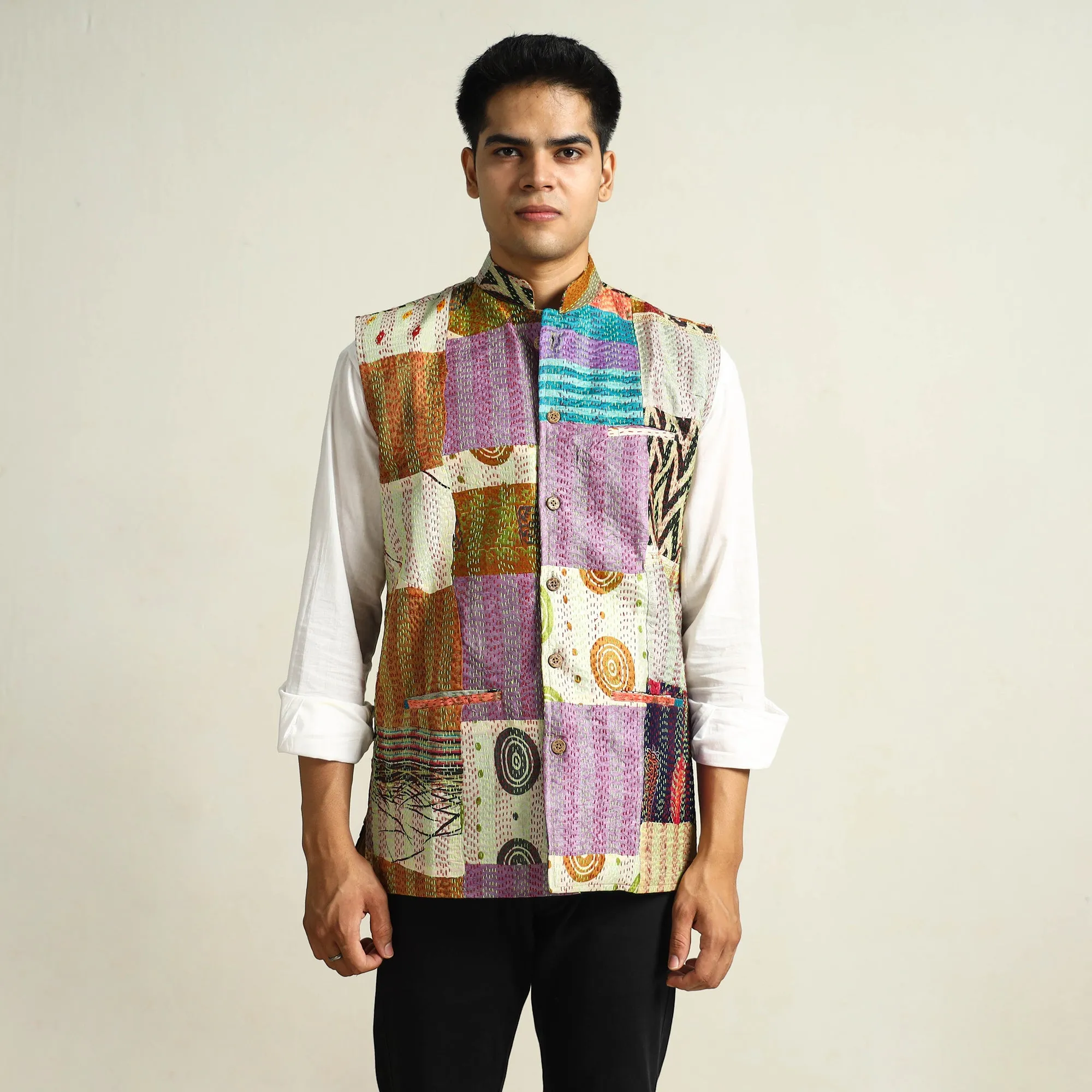 Multicolor - Kantha Embroidery Patchwork Silk Nehru Jacket 08