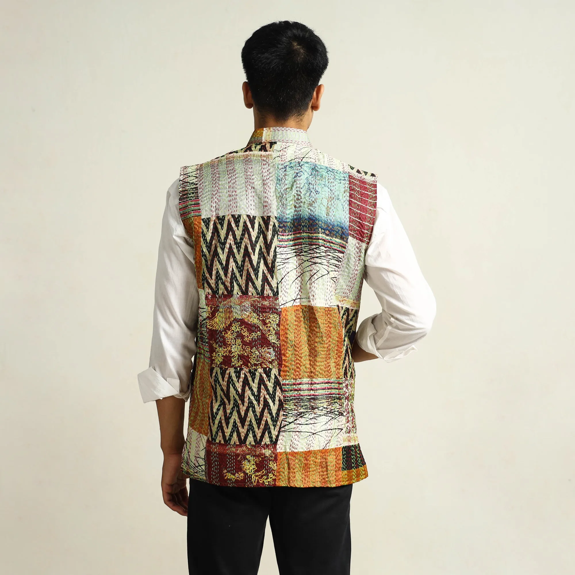 Multicolor - Kantha Embroidery Patchwork Silk Nehru Jacket 08