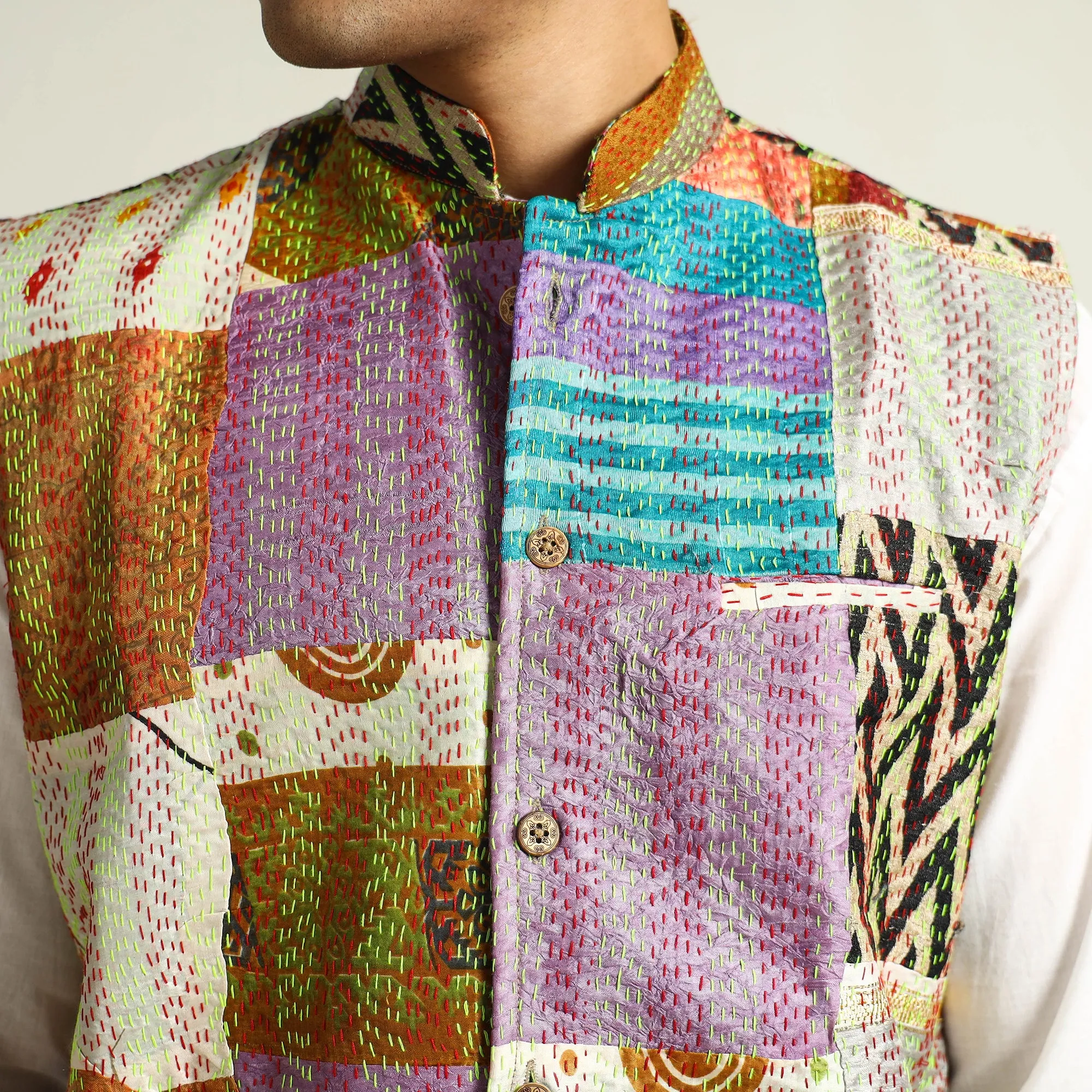 Multicolor - Kantha Embroidery Patchwork Silk Nehru Jacket 08