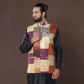 Multicolor - Kantha Embroidery Patchwork Silk Nehru Jacket 15