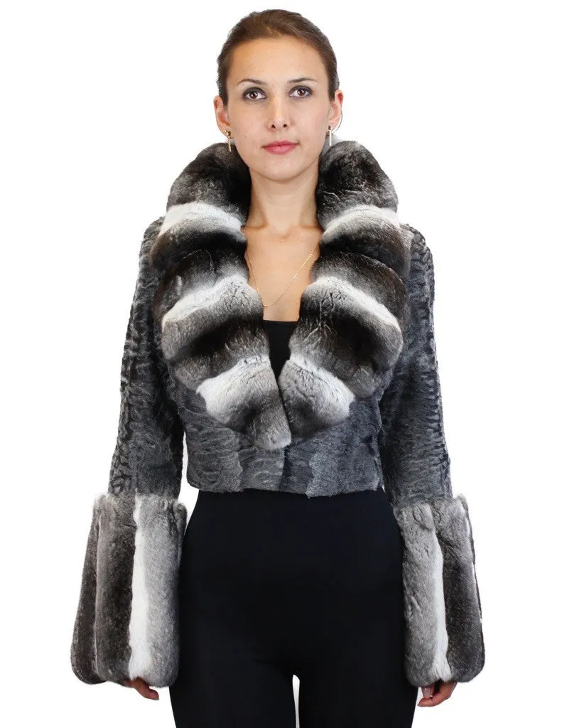 NATURAL GRAY RUSSIAN BROADTAIL & CHINCHILLA FUR SHORT BOLERO JACKET W/ BELL SLEEVES