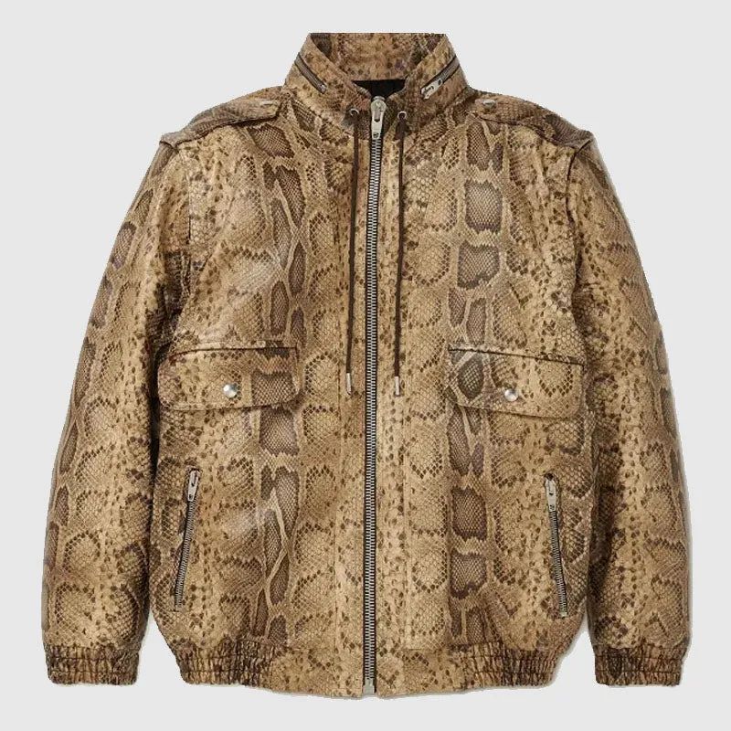 New Mens High Quality Snake effect Leather Jacket Brown