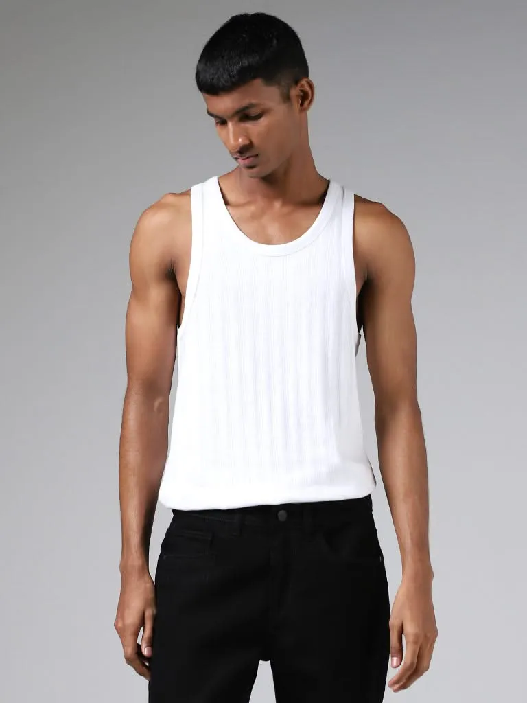 Nuon White Self-Striped Slim-Fit Vest