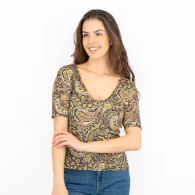 Oasis Green Paisley Print V-Neck Short Sleeve Tops