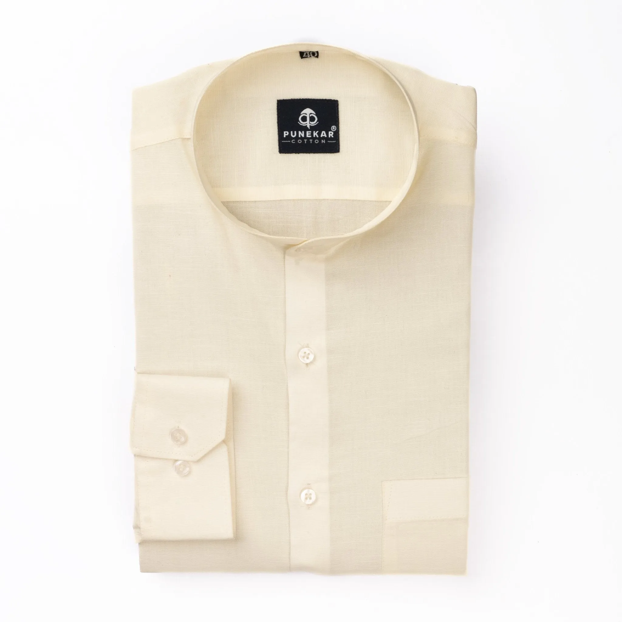 Off White Color Band Collar Solid Shirt For Men