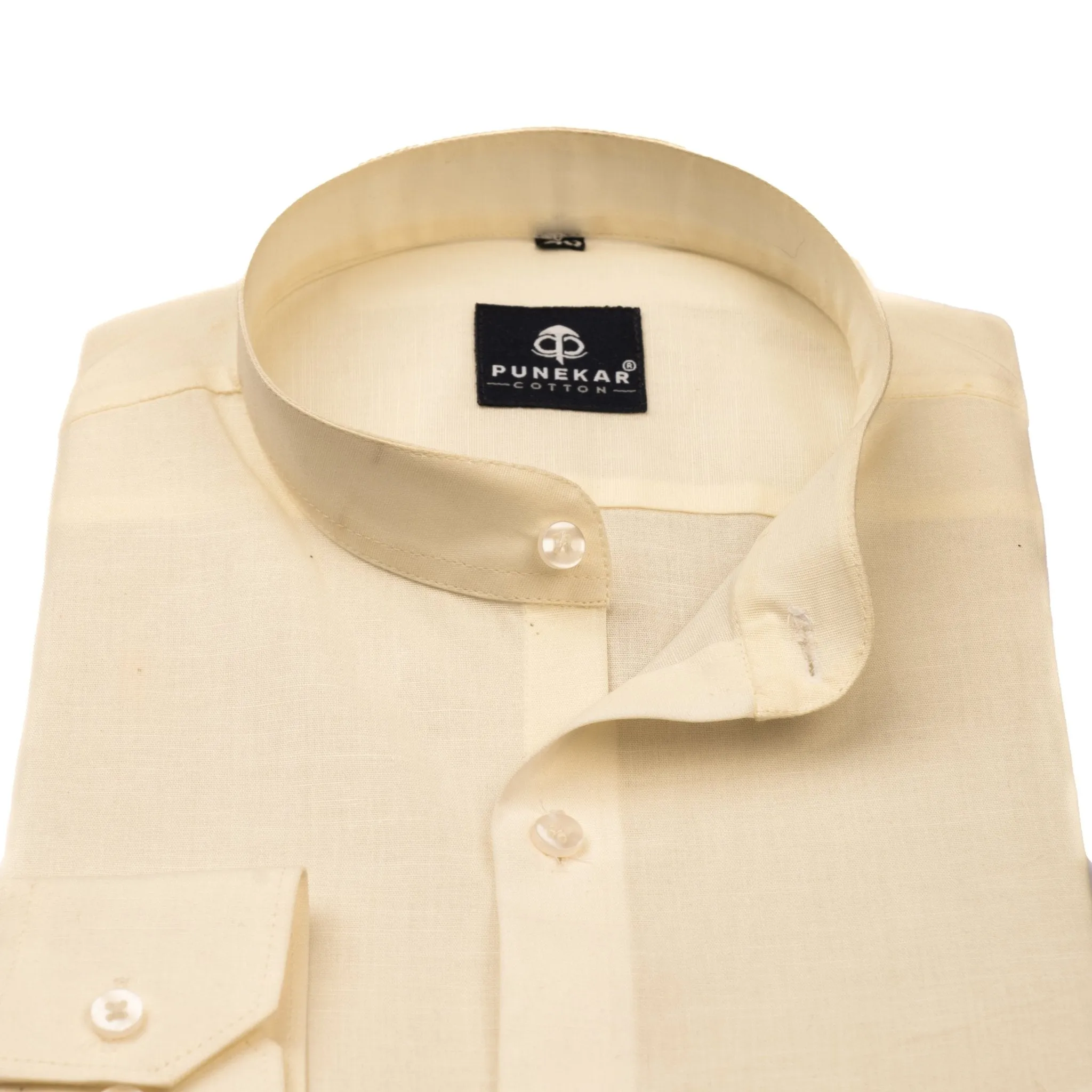 Off White Color Band Collar Solid Shirt For Men