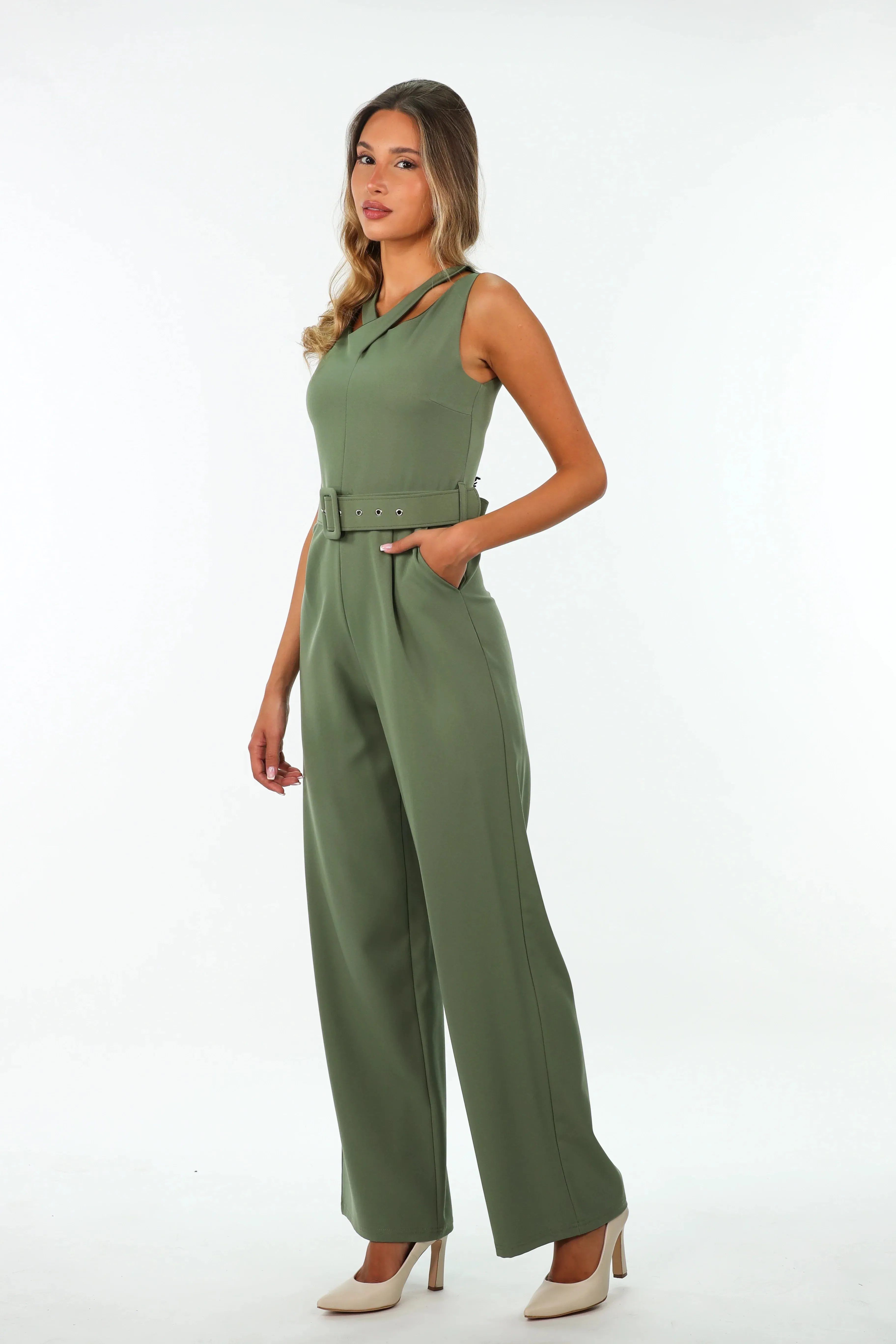 Olive Classy Belted Jumpsuit