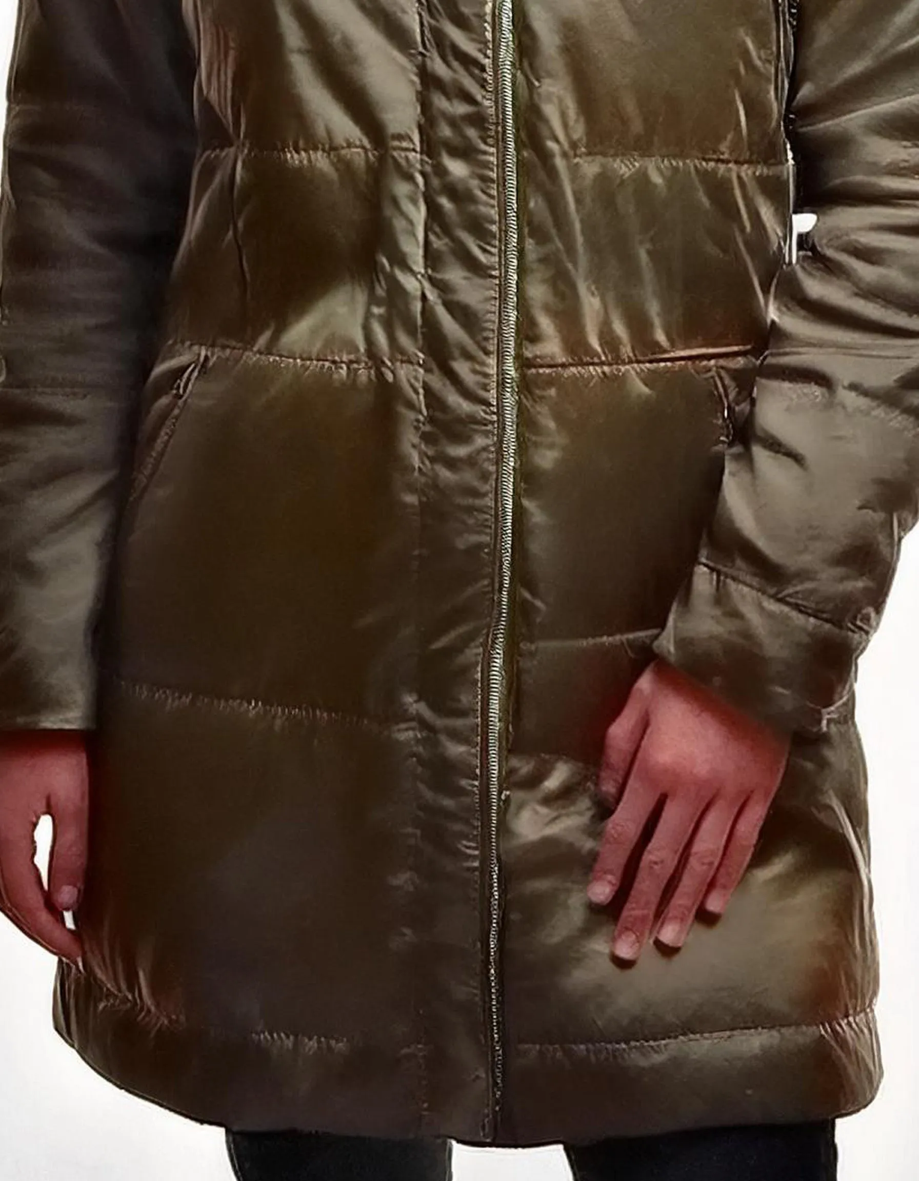 Olive Long Padded Parka with Drawstring Waist