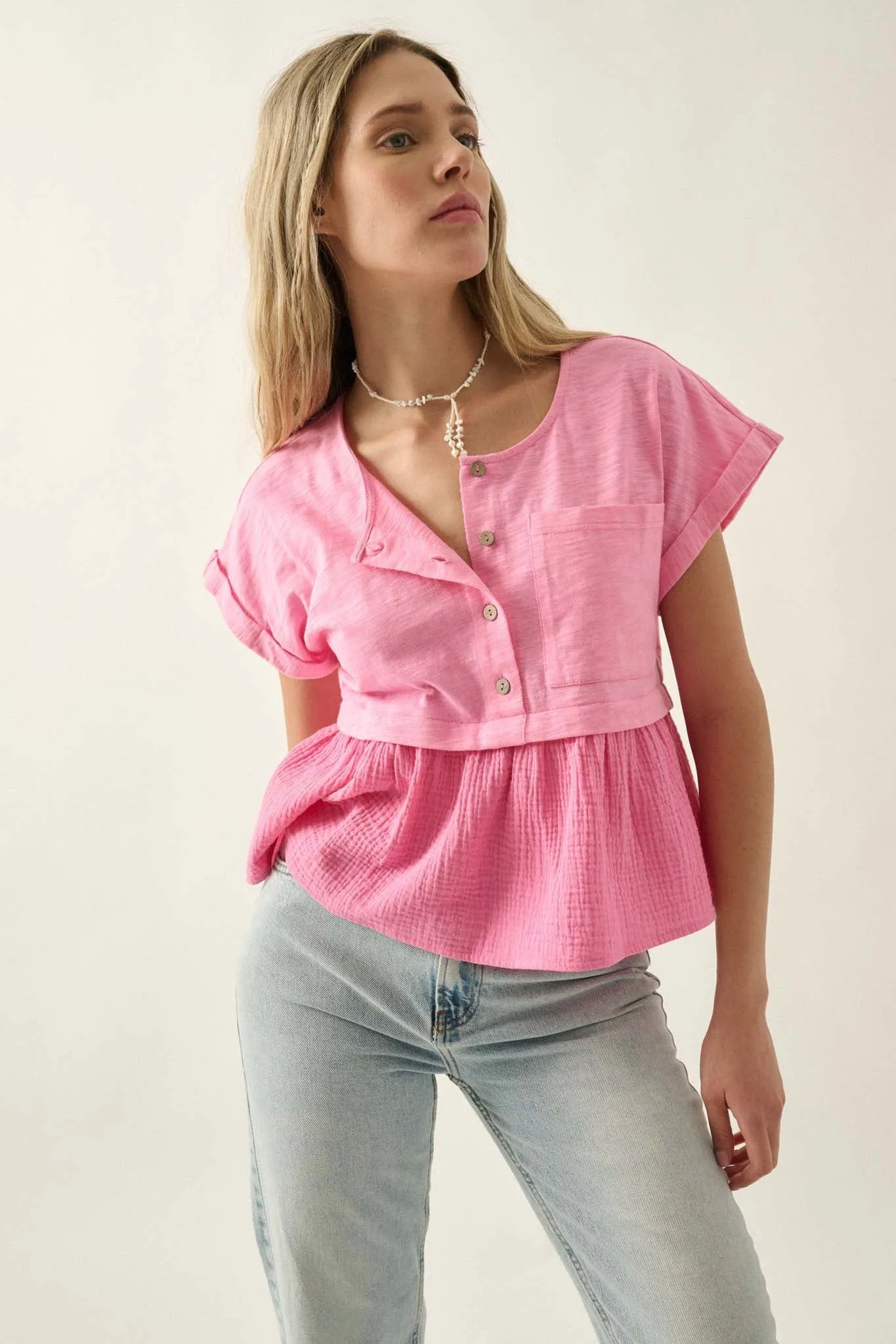 Open Air Cotton Pocket Henley Babydoll Top