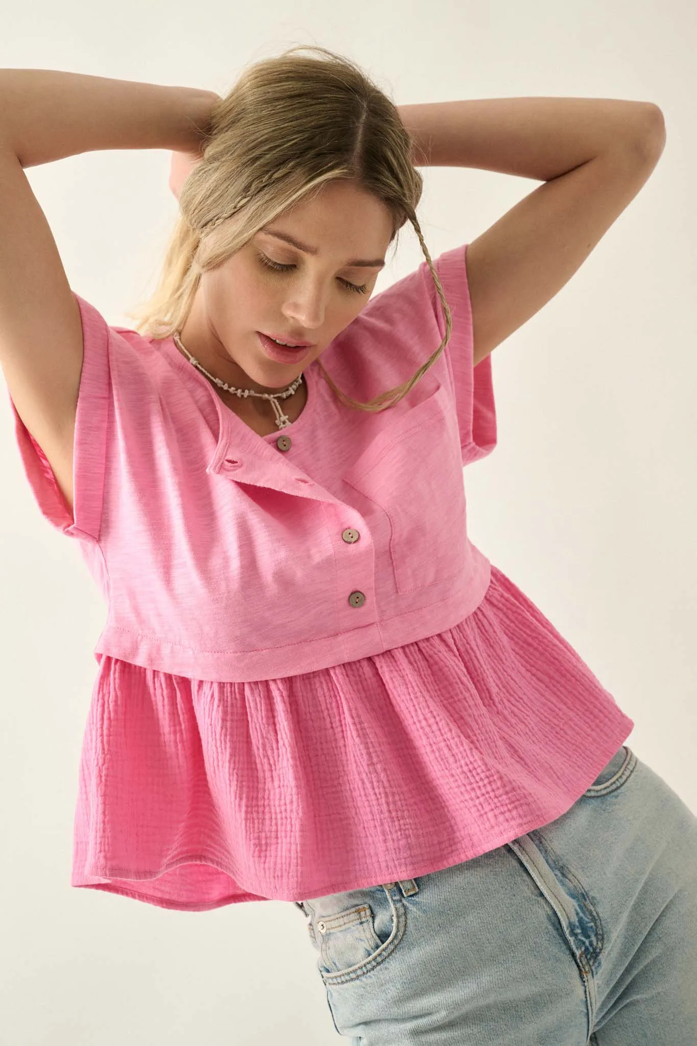 Open Air Cotton Pocket Henley Babydoll Top