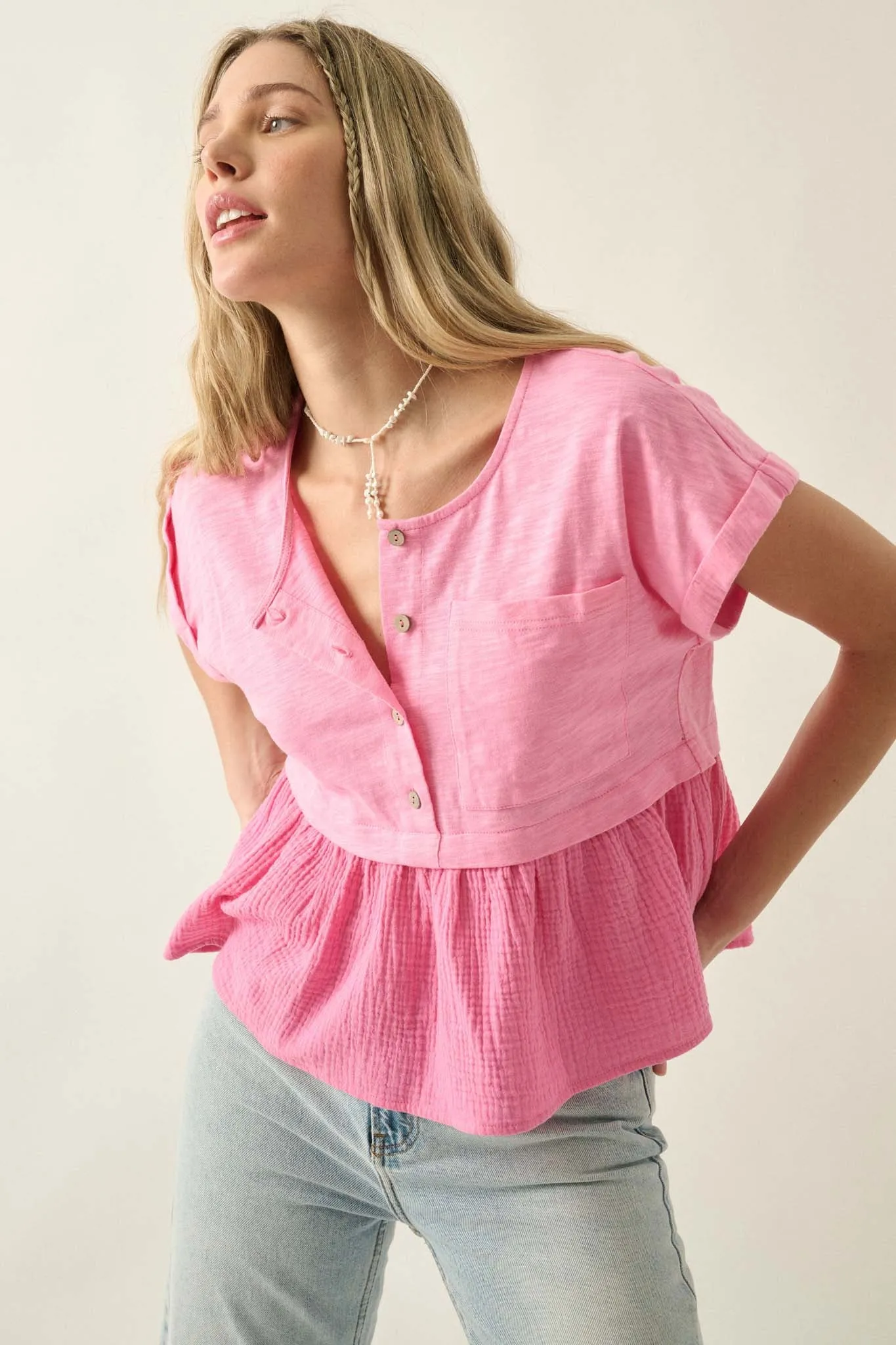 Open Air Cotton Pocket Henley Babydoll Top