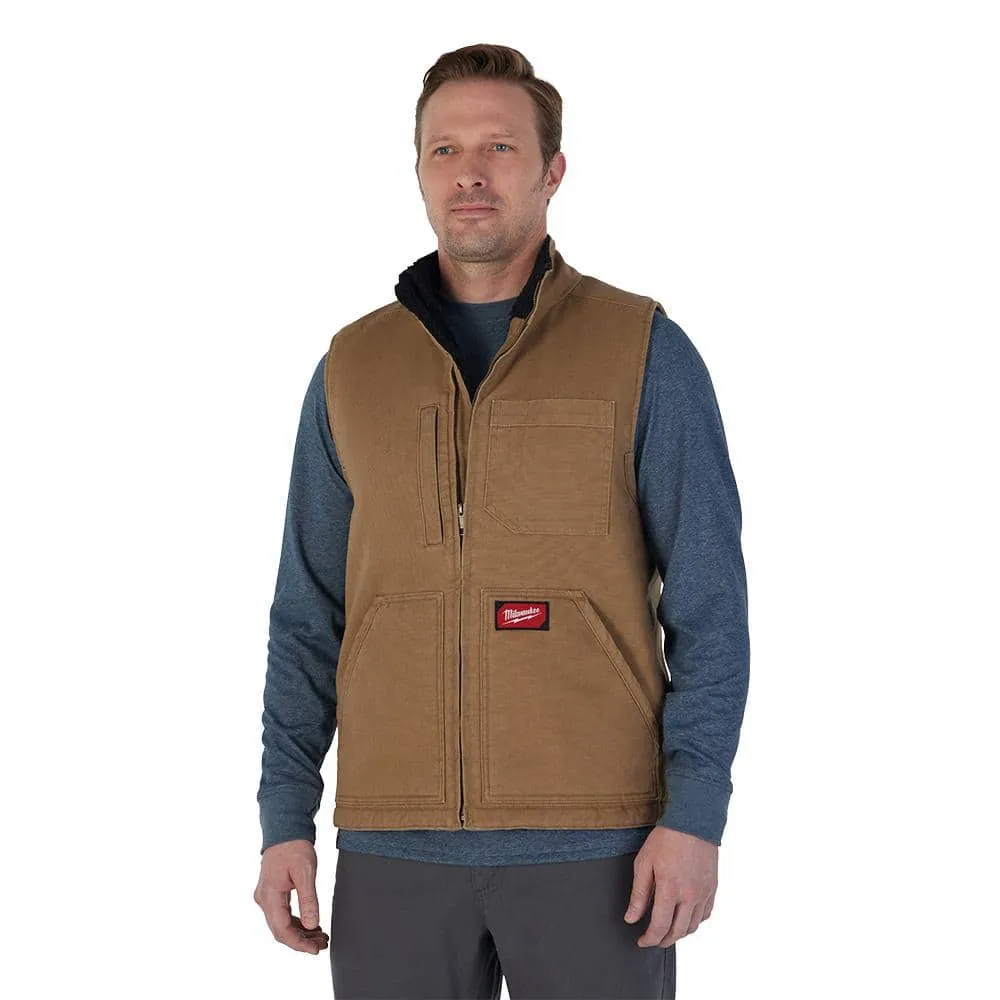 Open Box -  Milwaukee Men's Large Heavy-Duty Brown Sherpa-Lined Vest with 5-Pockets