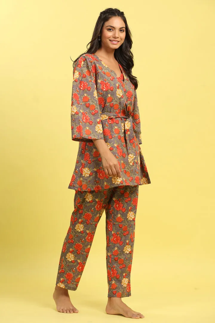 Orange Pop Jaal on Grey Cotton Three Piece Set