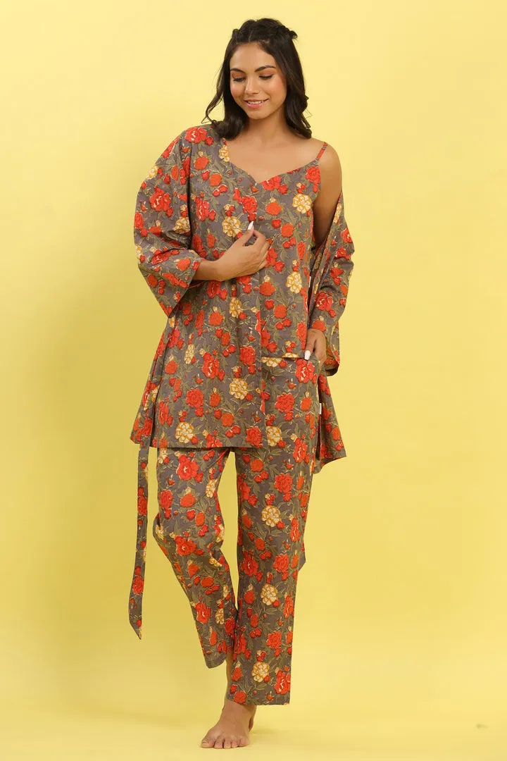 Orange Pop Jaal on Grey Cotton Three Piece Set