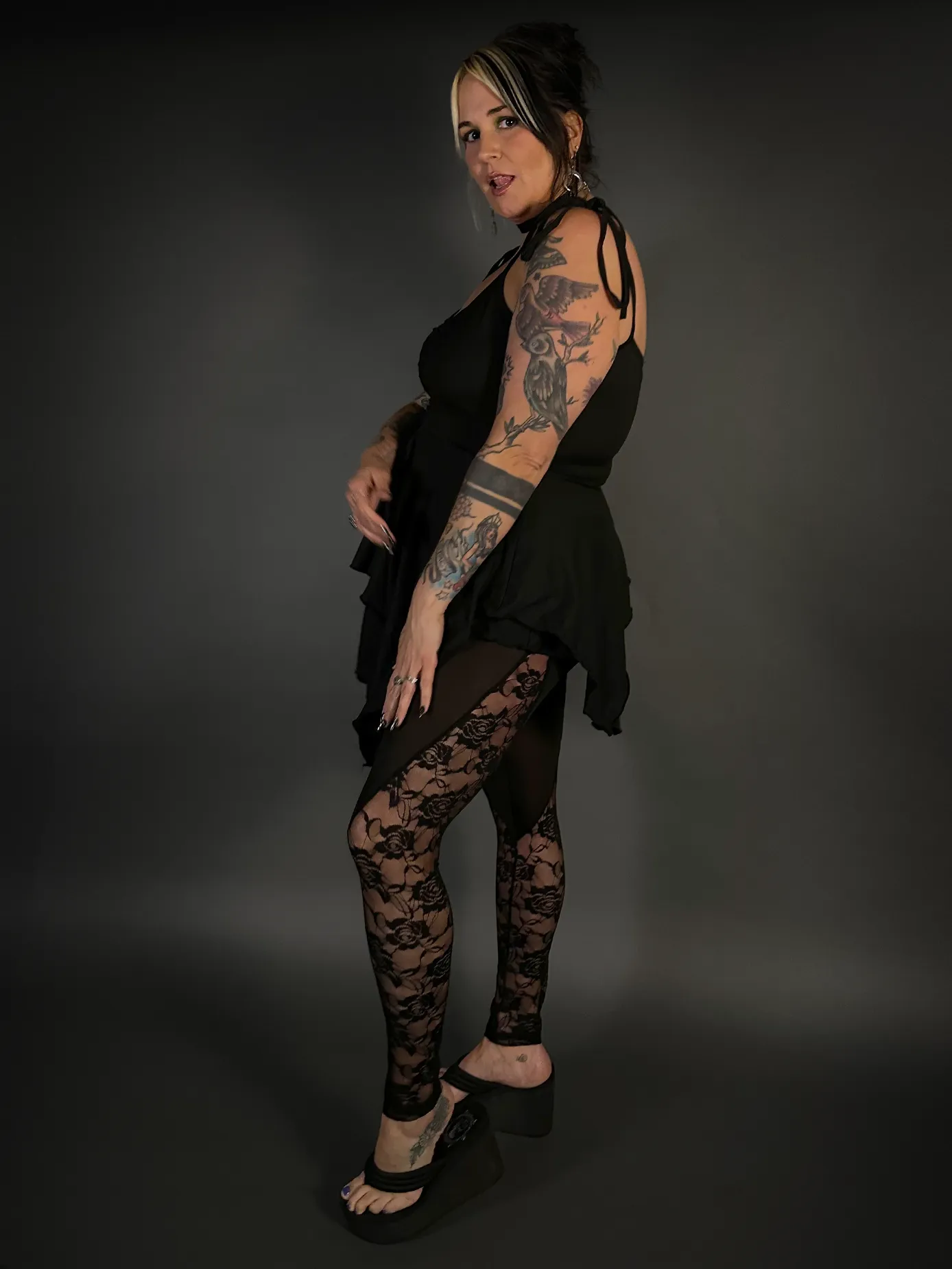 Outfit Set - Black Spaghetti Strap Fairy Dress & Rose Lace Translucent Leggings