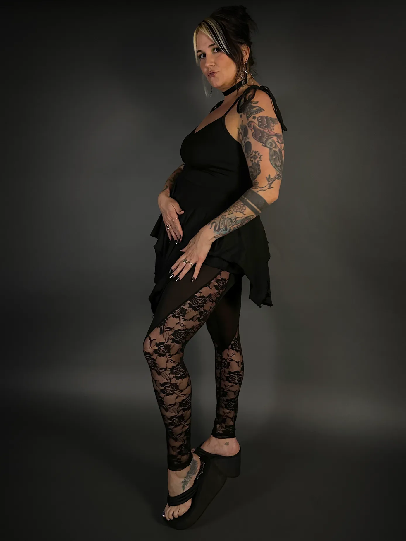 Outfit Set - Black Spaghetti Strap Fairy Dress & Rose Lace Translucent Leggings