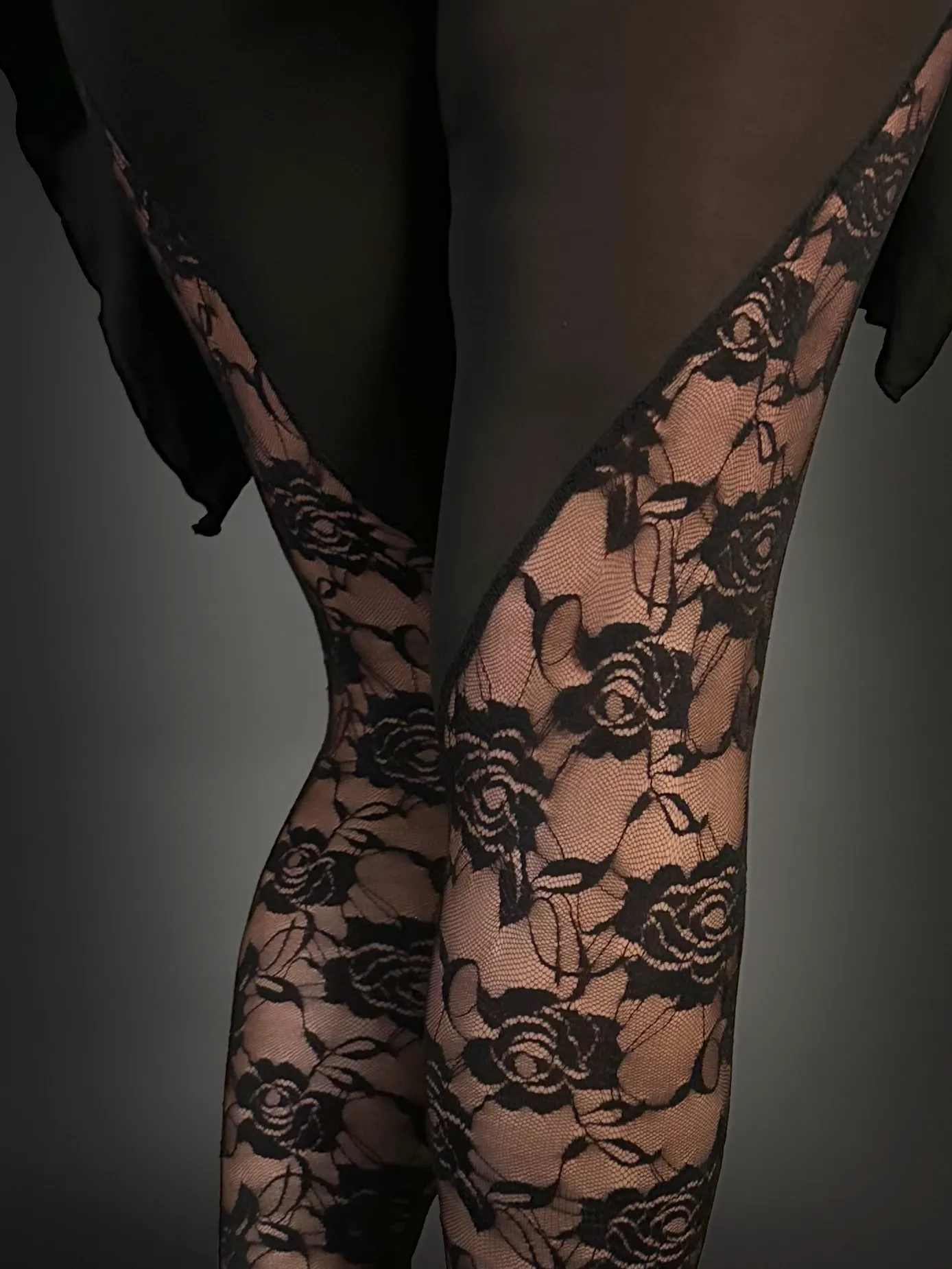 Outfit Set - Black Spaghetti Strap Fairy Dress & Rose Lace Translucent Leggings