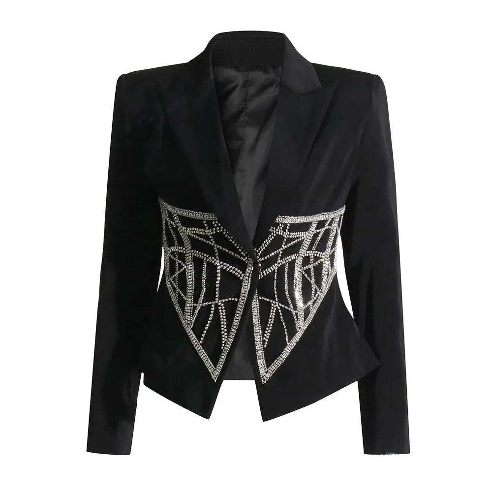 Patchwork Diamonds Casual Blazers For Women Notched Collar Long Sleeve Temperament Solid Blazer Female Fashion