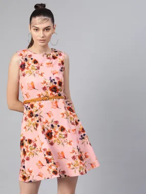 Pink Floral Belted Skater Dress