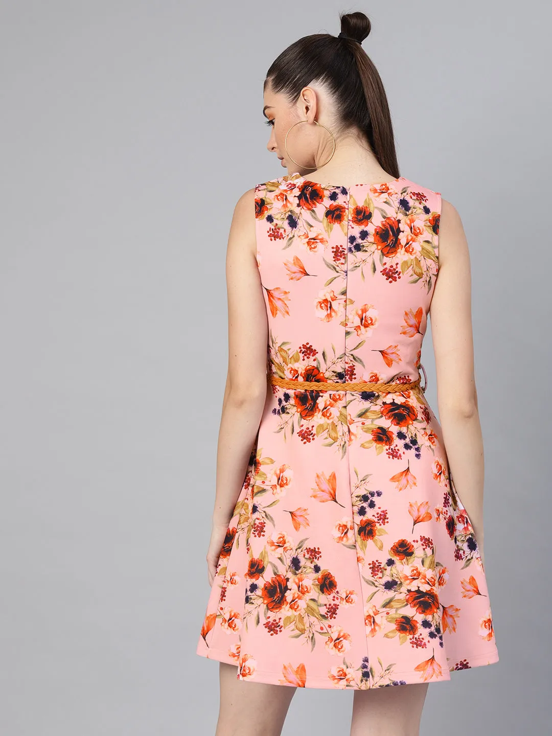 Pink Floral Belted Skater Dress