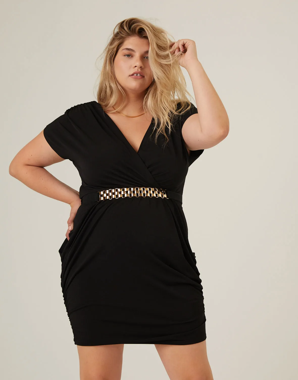 Plus Size Belted Short Sleeve Dress