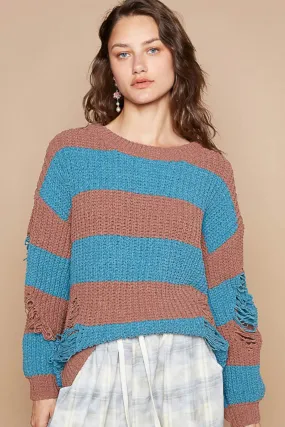 POL Striped Distressed Long Sleeve Sweater