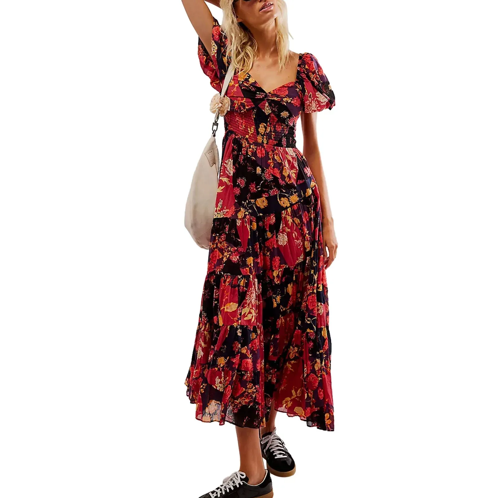 Puff Sleeve Sweetheart Neck Tunic Waist A-Line Y2K Sundresses For Spring Casual Short Dress