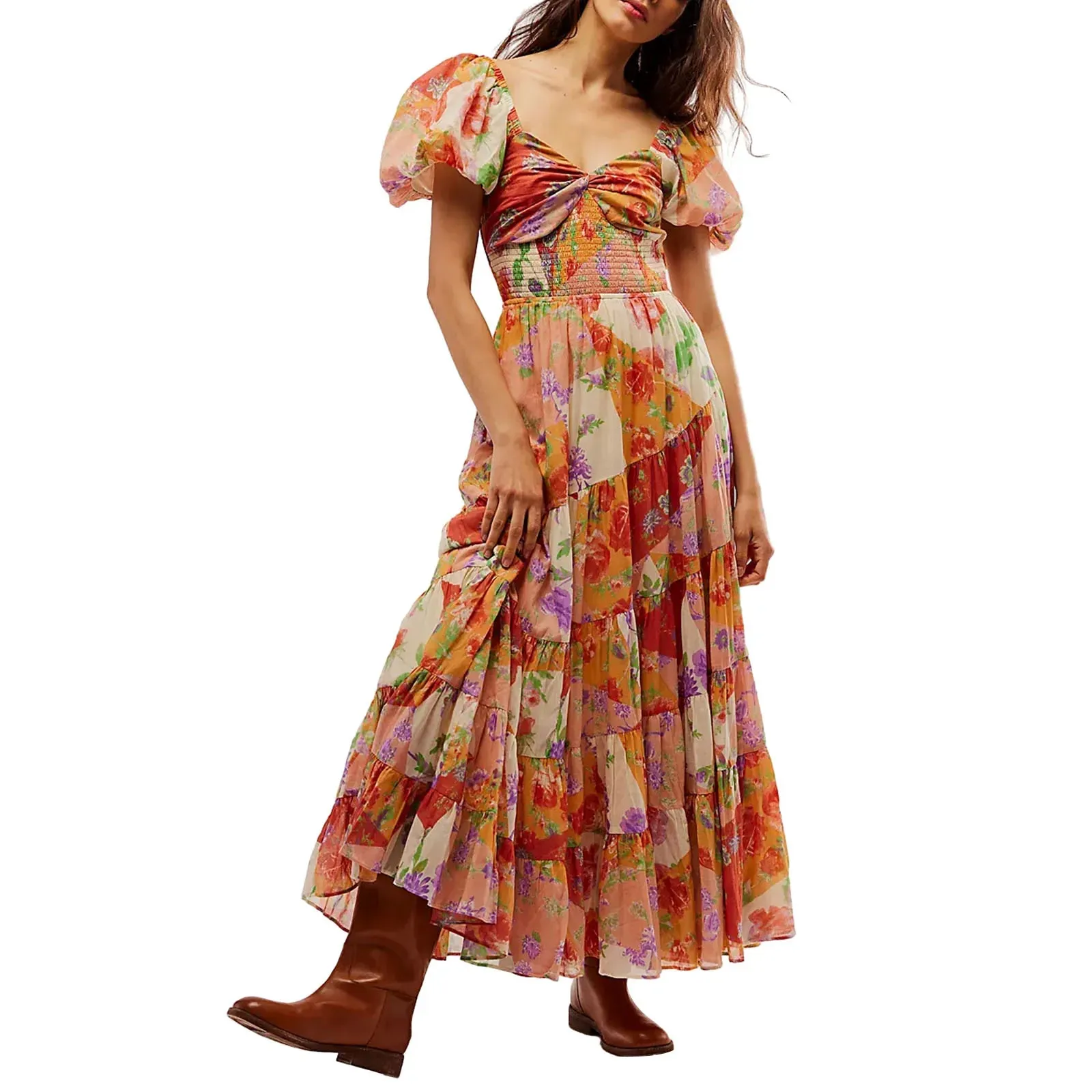 Puff Sleeve Sweetheart Neck Tunic Waist A-Line Y2K Sundresses For Spring Casual Short Dress