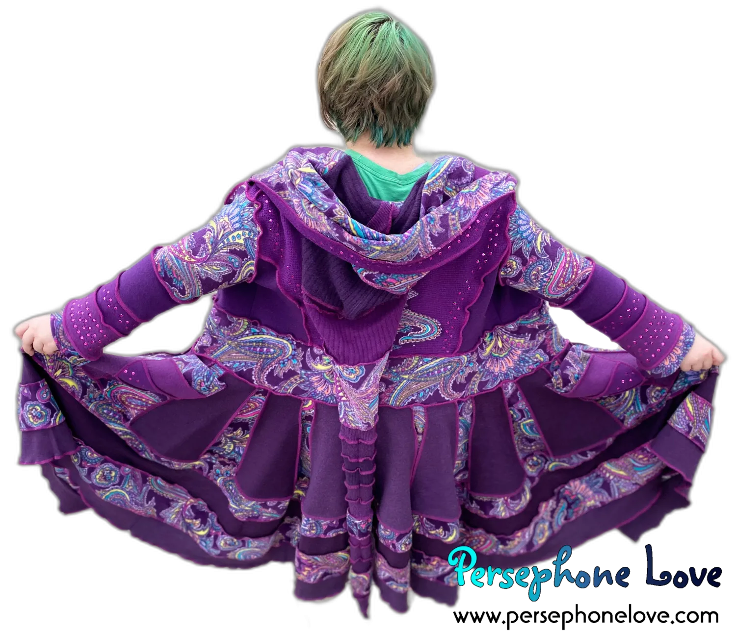 "Bloom" GODDESS SIZE Purple embroidered/felted/sequins cashmere patchwork Katwise-inspired sweatercoat-2536