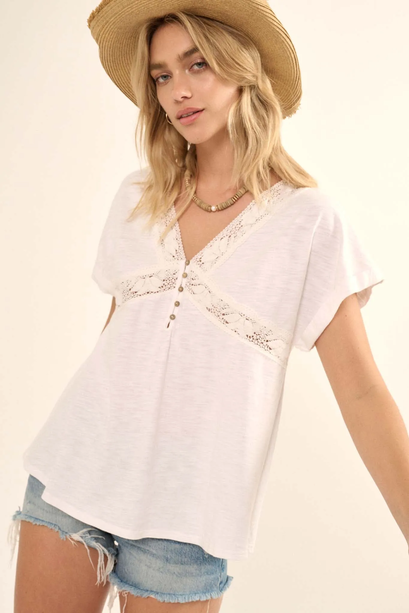 Rise and Shine Lace-Trimmed Slub Cotton Henley Tee