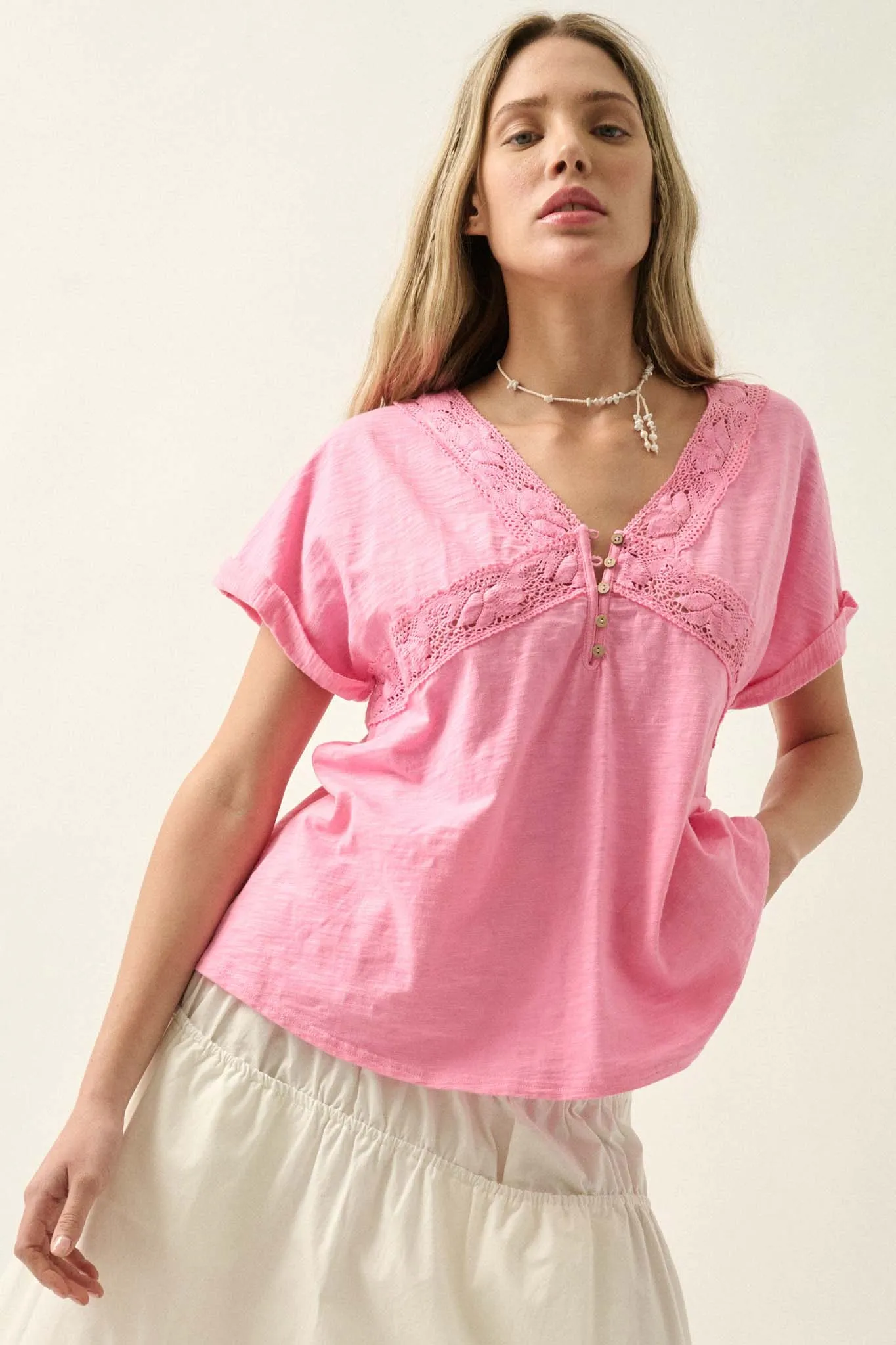 Rise and Shine Lace-Trimmed Slub Cotton Henley Tee