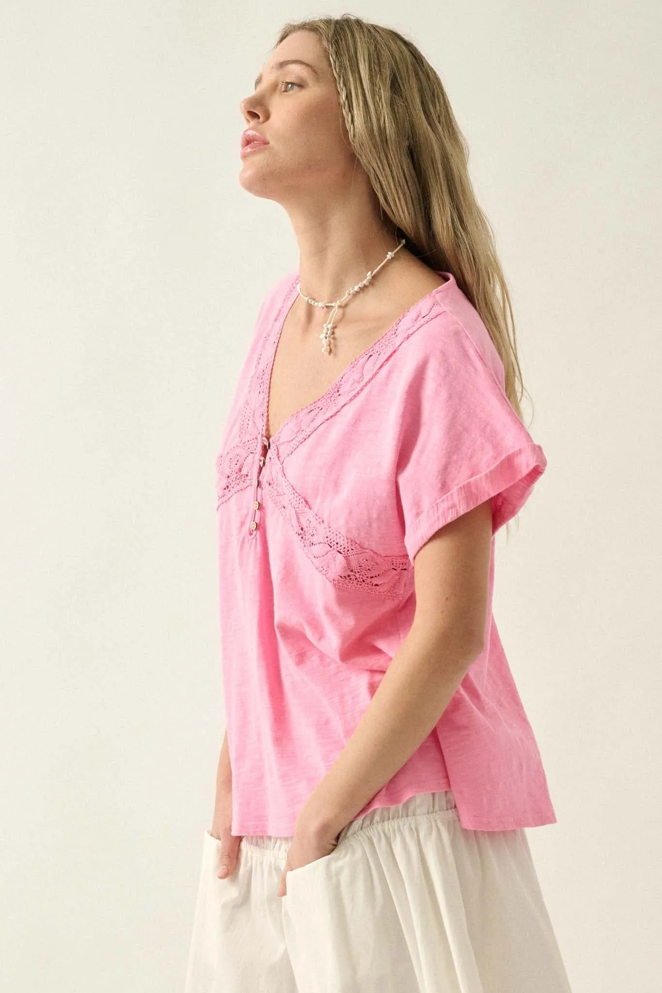 Rise and Shine Lace-Trimmed Slub Cotton Henley Tee