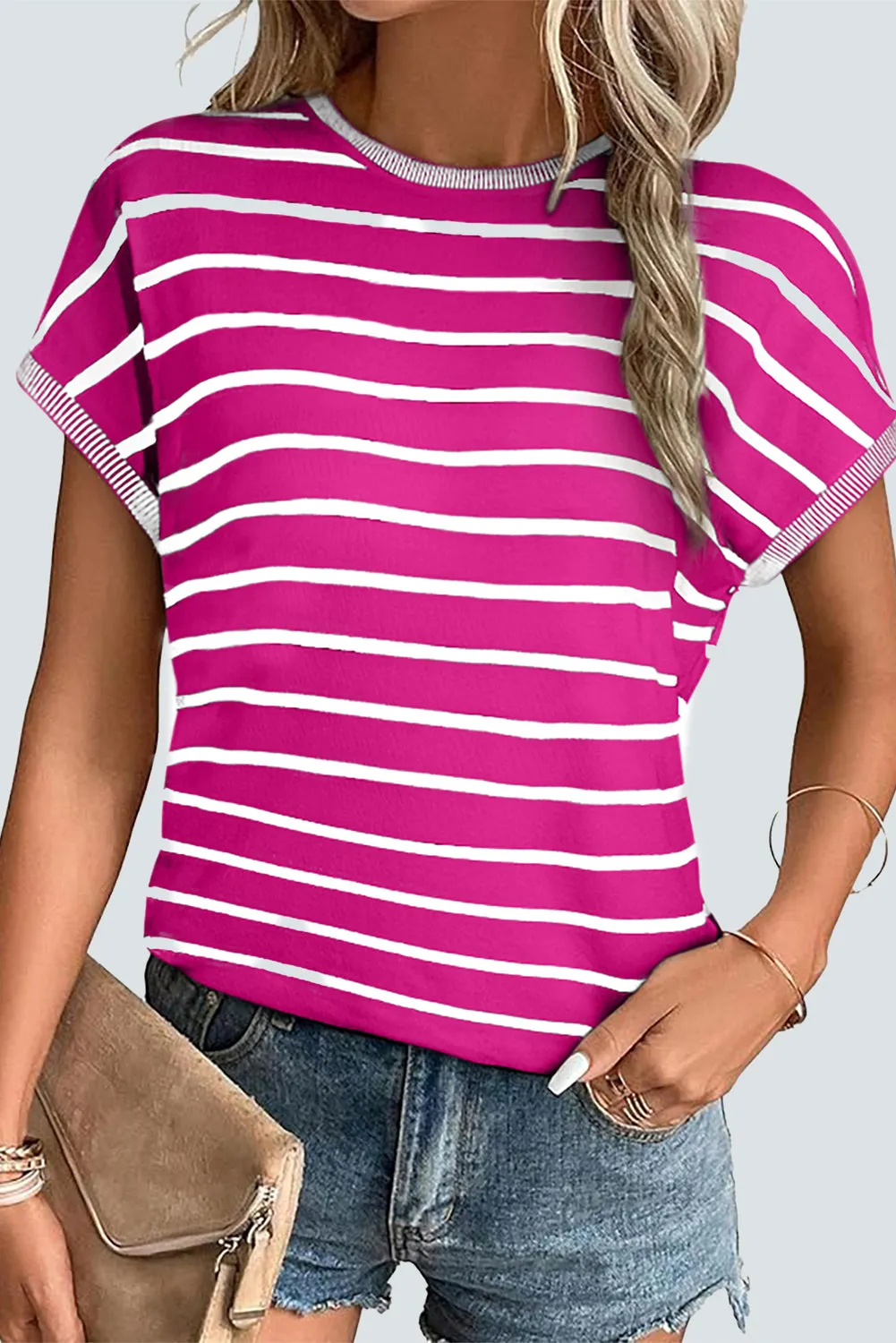 Rose Stripe Knitted Dolman T-Shirt: Effortlessly Elegant with a Touch of Edge