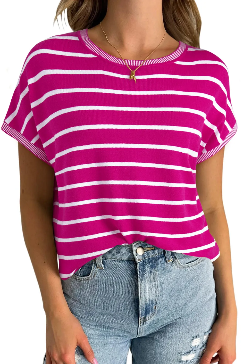 Rose Stripe Knitted Dolman T-Shirt: Effortlessly Elegant with a Touch of Edge