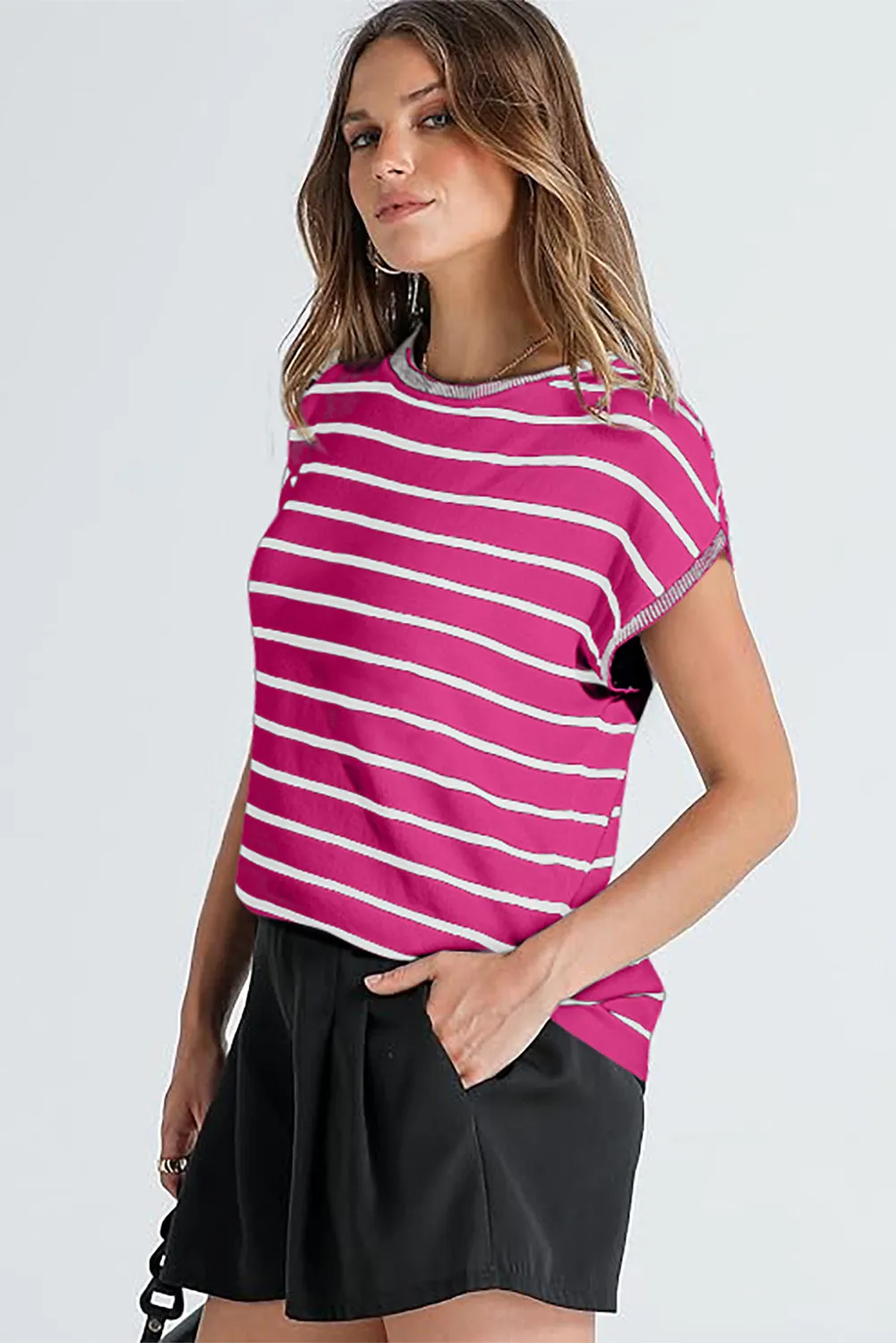 Rose Stripe Knitted Dolman T-Shirt: Effortlessly Elegant with a Touch of Edge