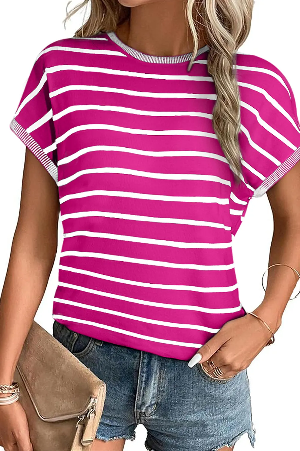 Rose Stripe Knitted Dolman T-Shirt: Effortlessly Elegant with a Touch of Edge