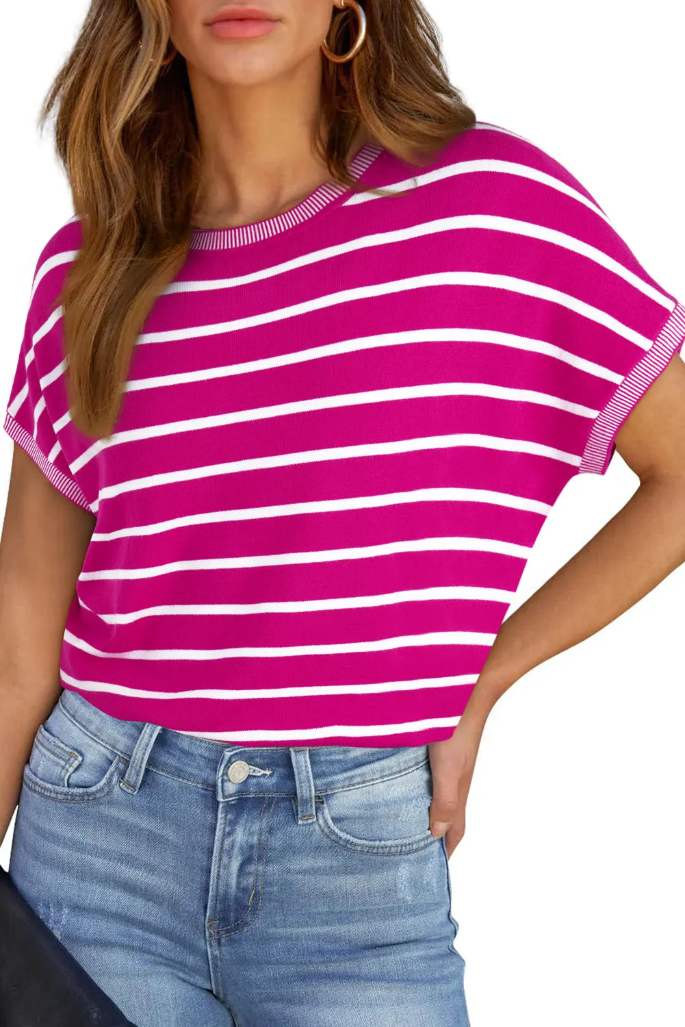 Rose Stripe Knitted Dolman T-Shirt: Effortlessly Elegant with a Touch of Edge