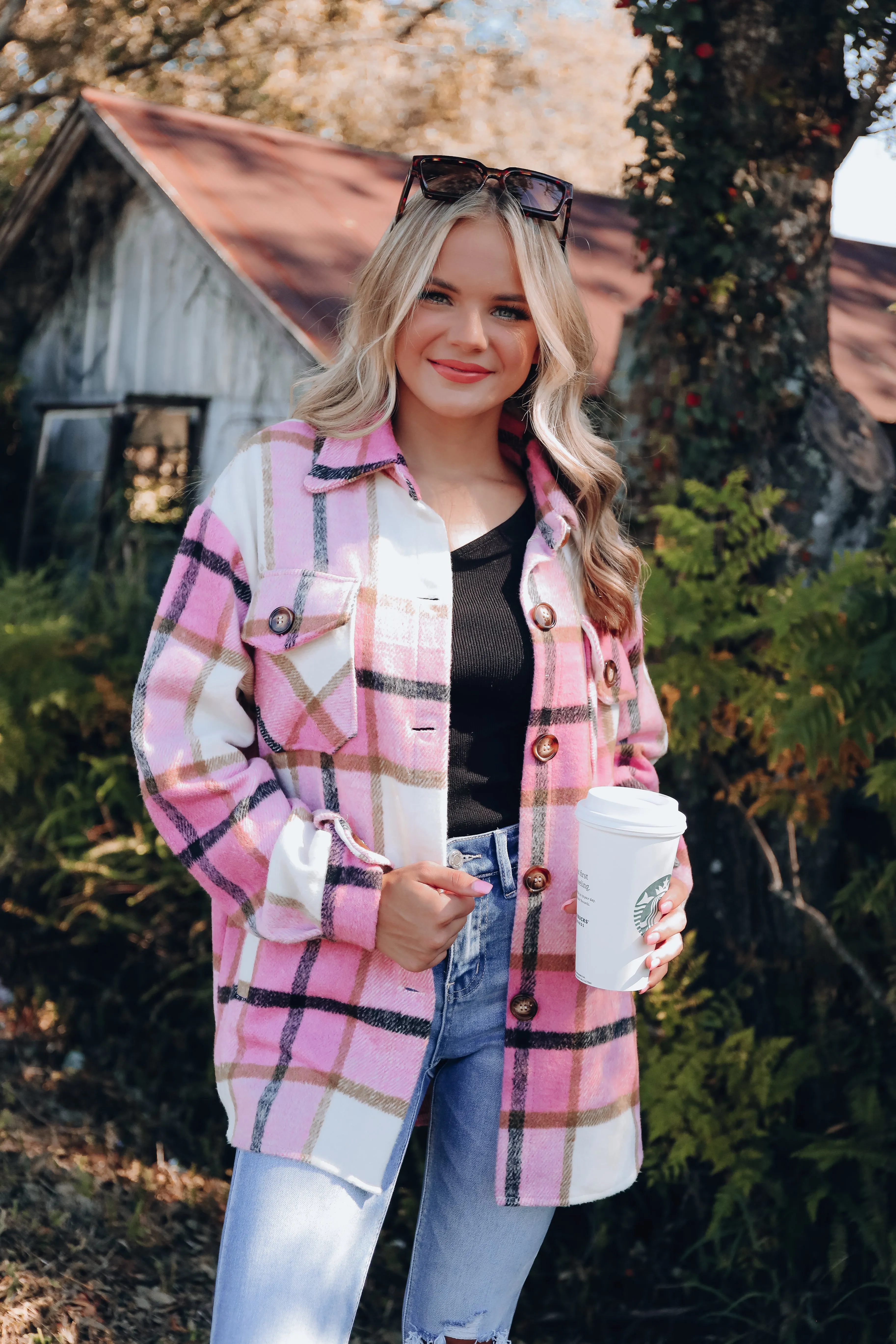 Rosetta Plaid Brushed Jacket - Pink