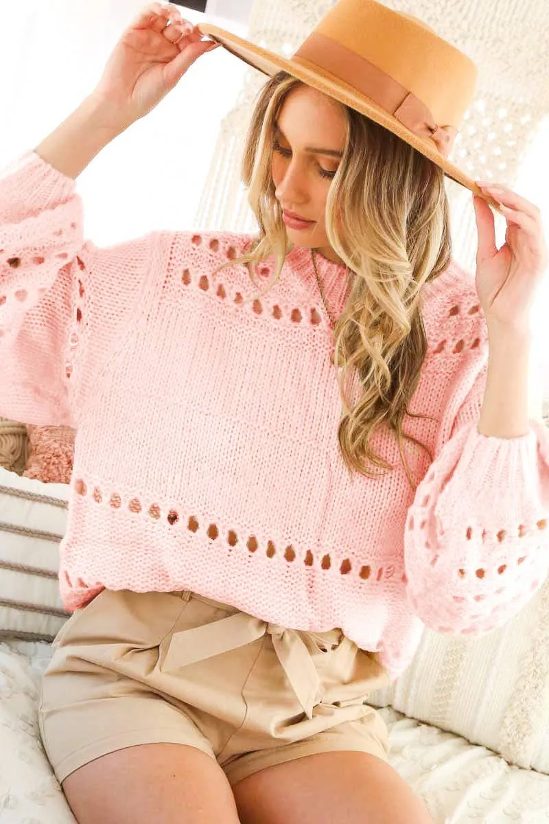 Round Neck Balloon Long-Sleeve Open-Knit Sweater