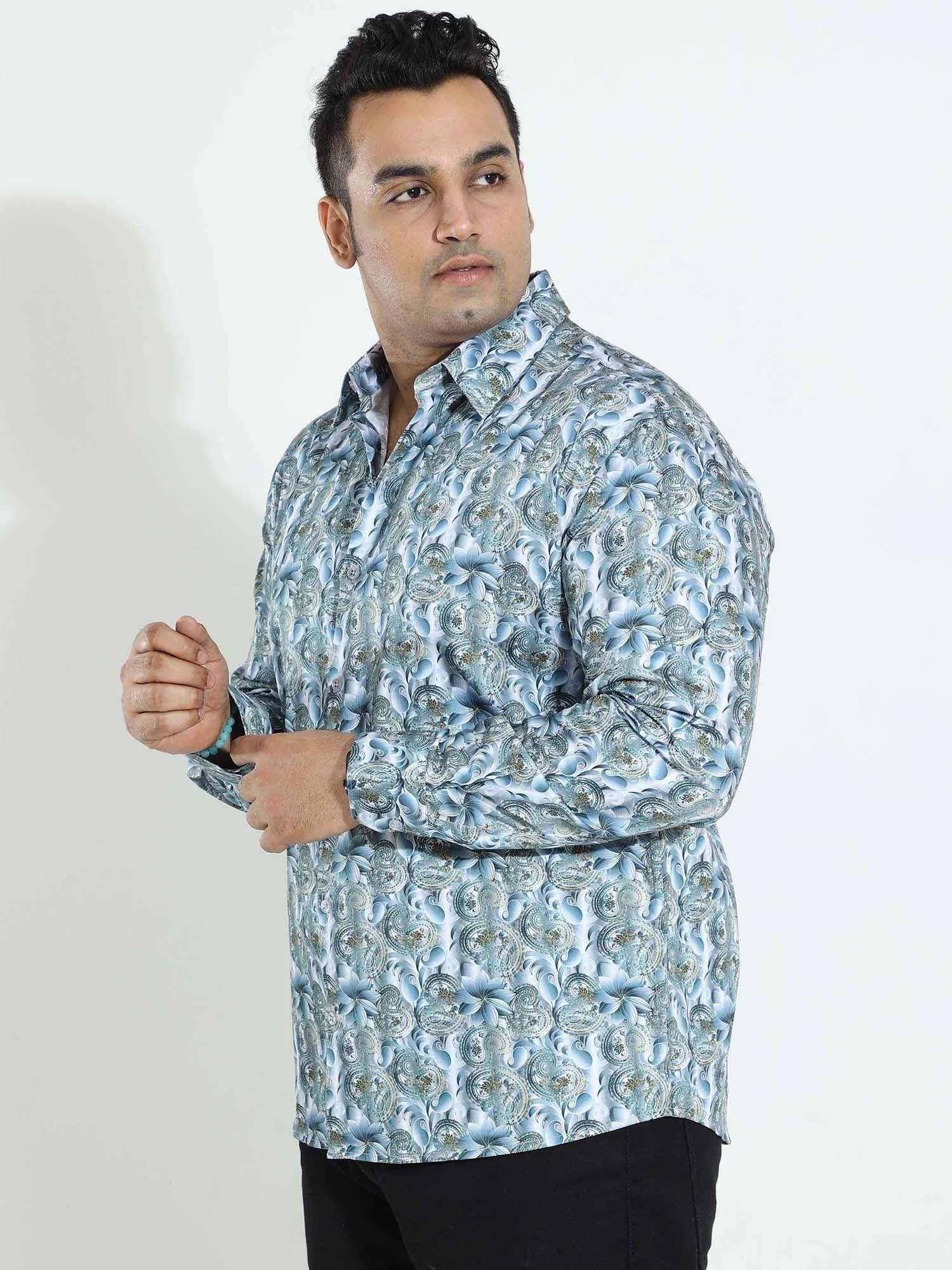 Royal White Blue Diamond Printed Silk Full Shirt Men's Plus Size