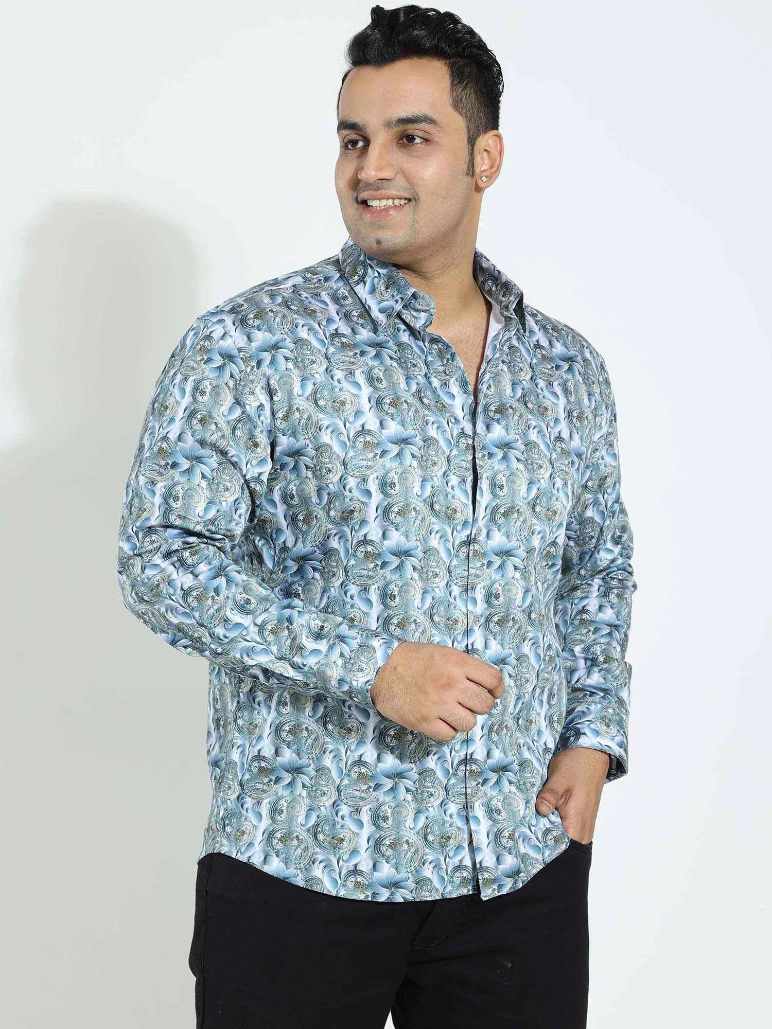 Royal White Blue Diamond Printed Silk Full Shirt Men's Plus Size